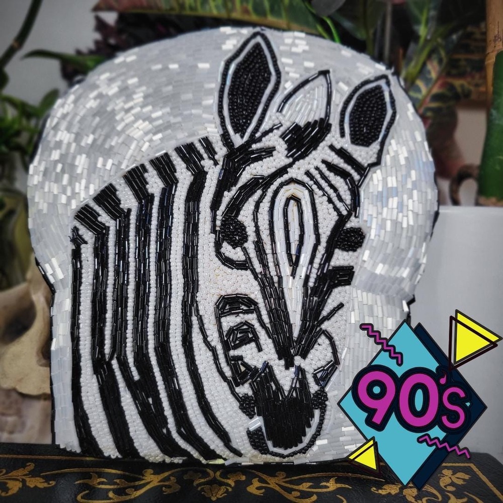 NWT Vintage 90s TST Arts Purse Bag Black White‎ Hand Beaded Zebra Kitsch Artwear